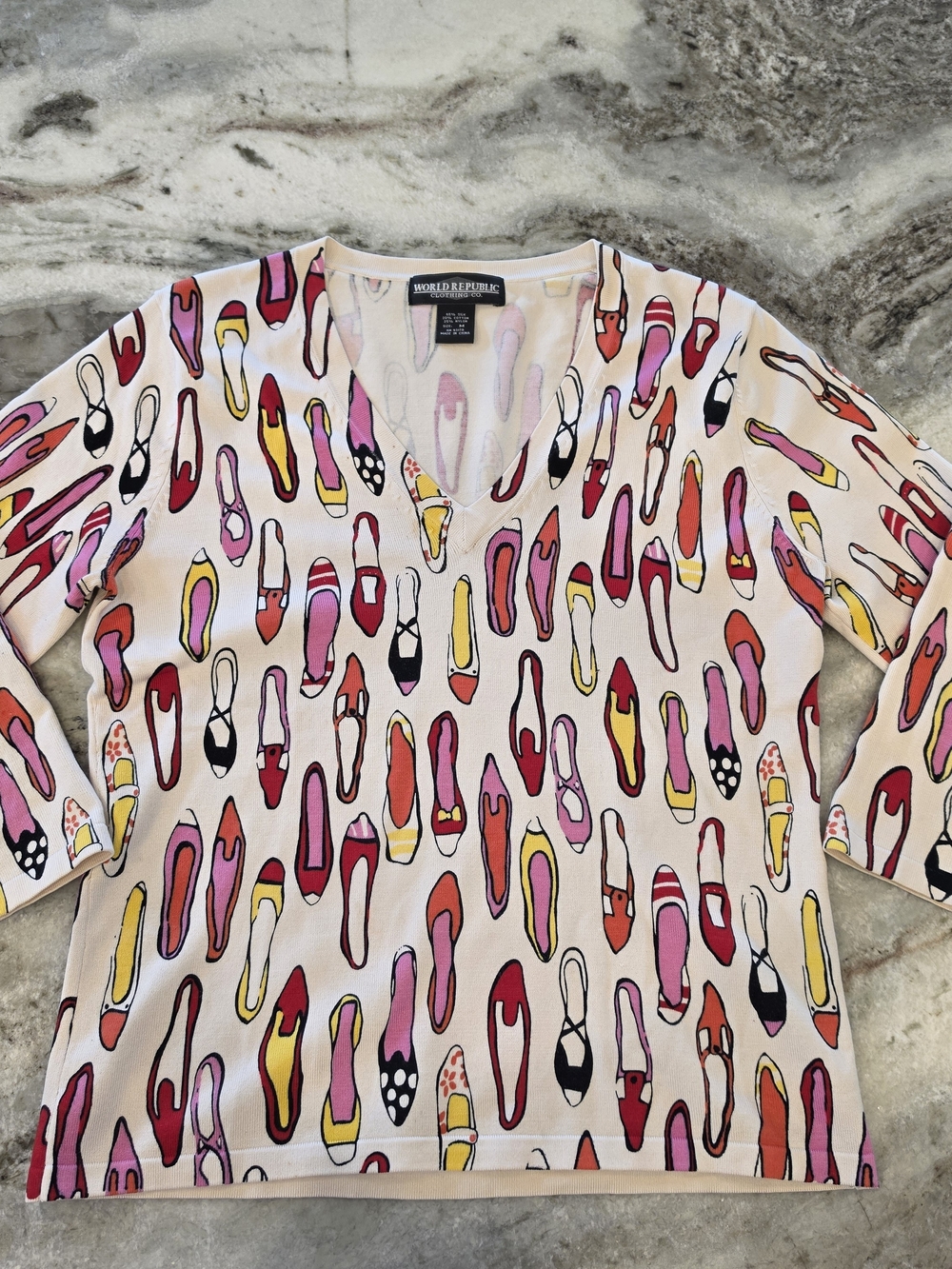 Pink V-Neck Long Sleeve Shoe-Print Tee